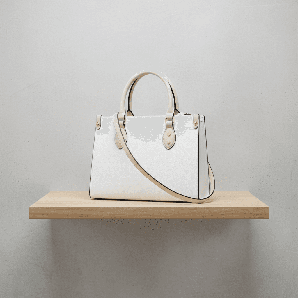 White leather handbag on a plinth