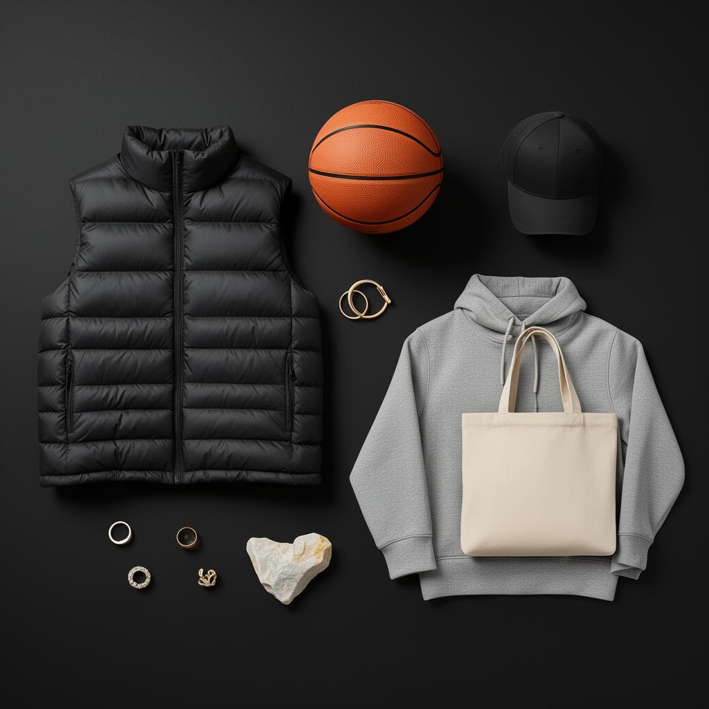 Premium products: puffer vest, basketball, hat, hoodie, jewelry, tote